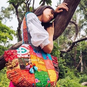 Colorful Patchwork Tote Bag, Handmade with Wood Tassel Details